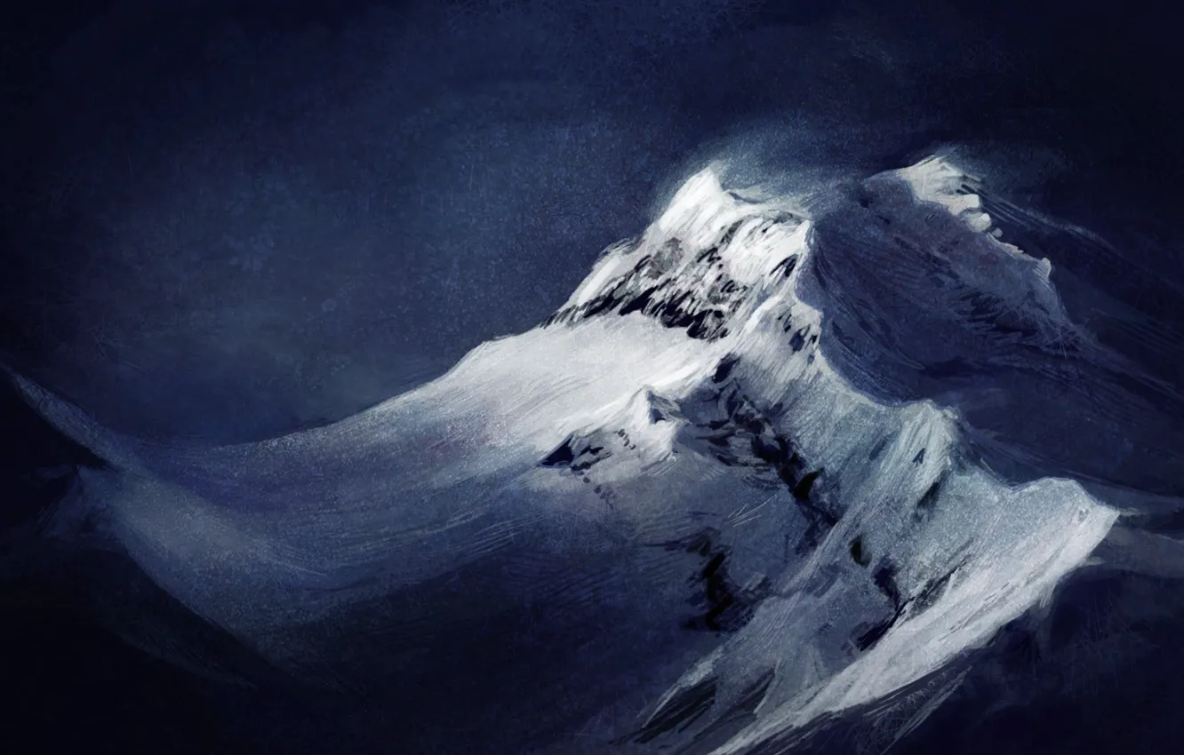 Фото обои снег, пейзаж, горы, фон, ветер, арт, вершина, Atenebris