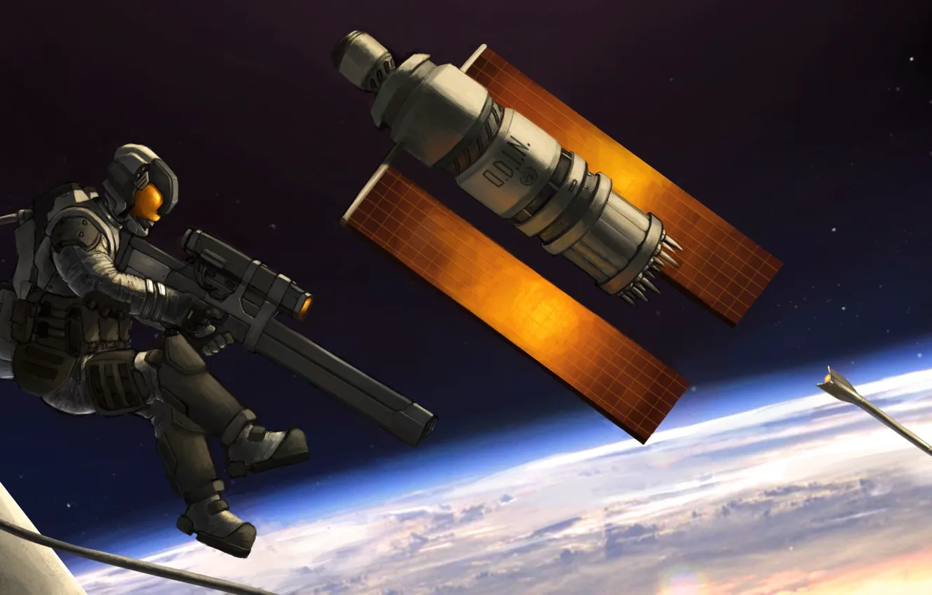 Фото обои космос, оружие, спутник, арт, астронавт, O.D.I.N.