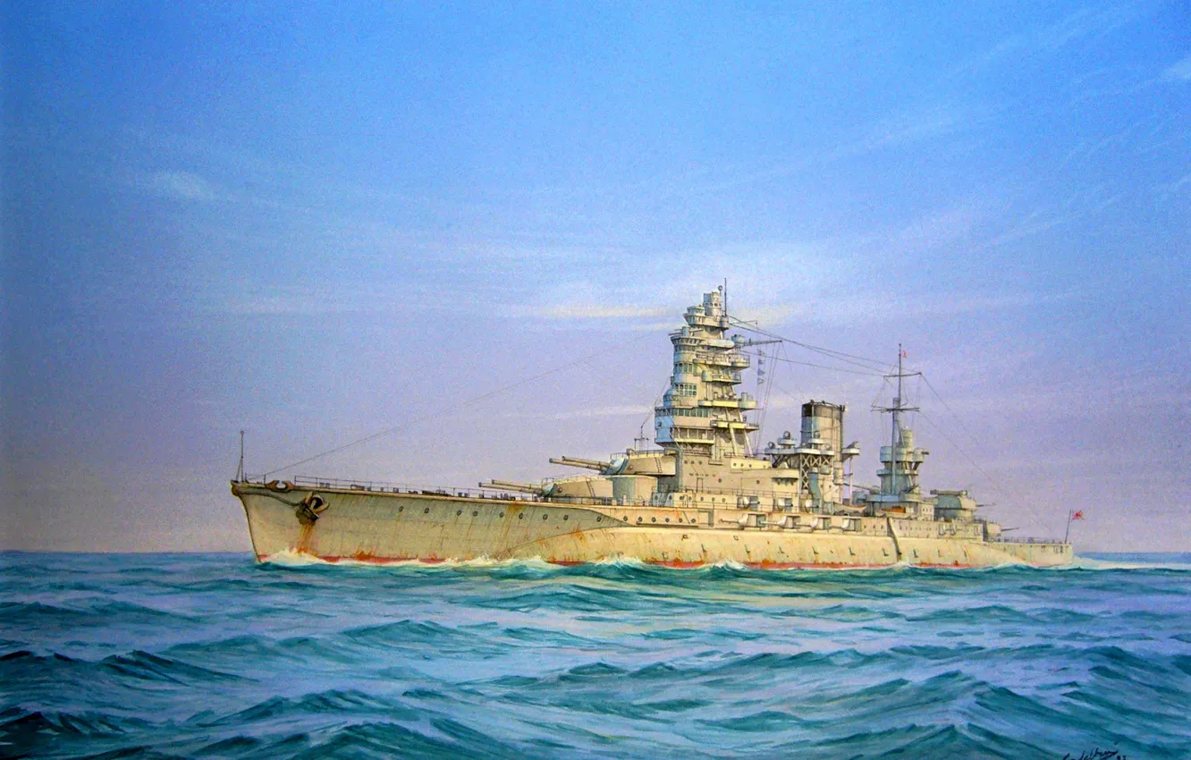 Фото обои море, рисунок, арт, линейный корабль, WW2, ВМФ Японии, типа Nagato