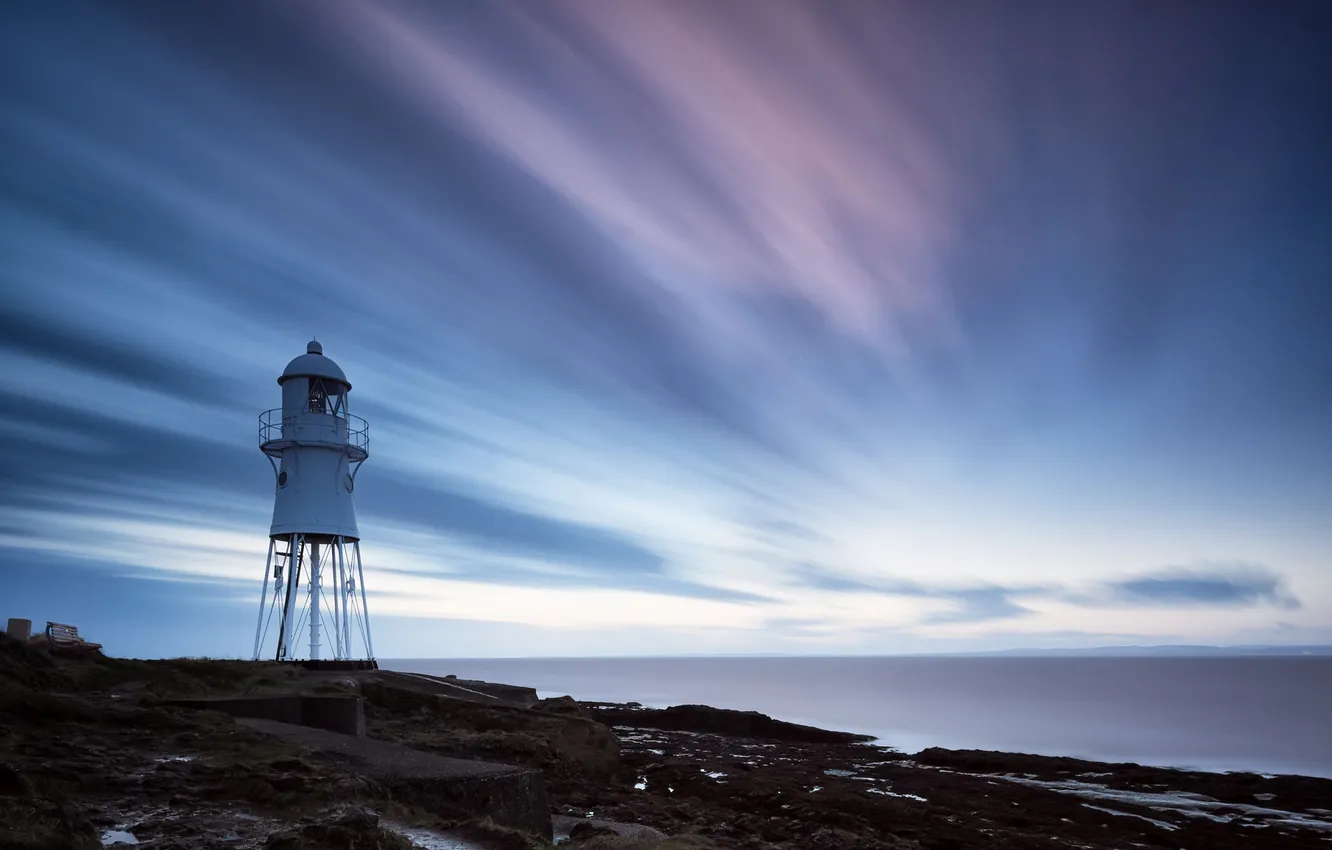 Фото обои Clouds, Lighthouse, long exposure, Black Nore Point
