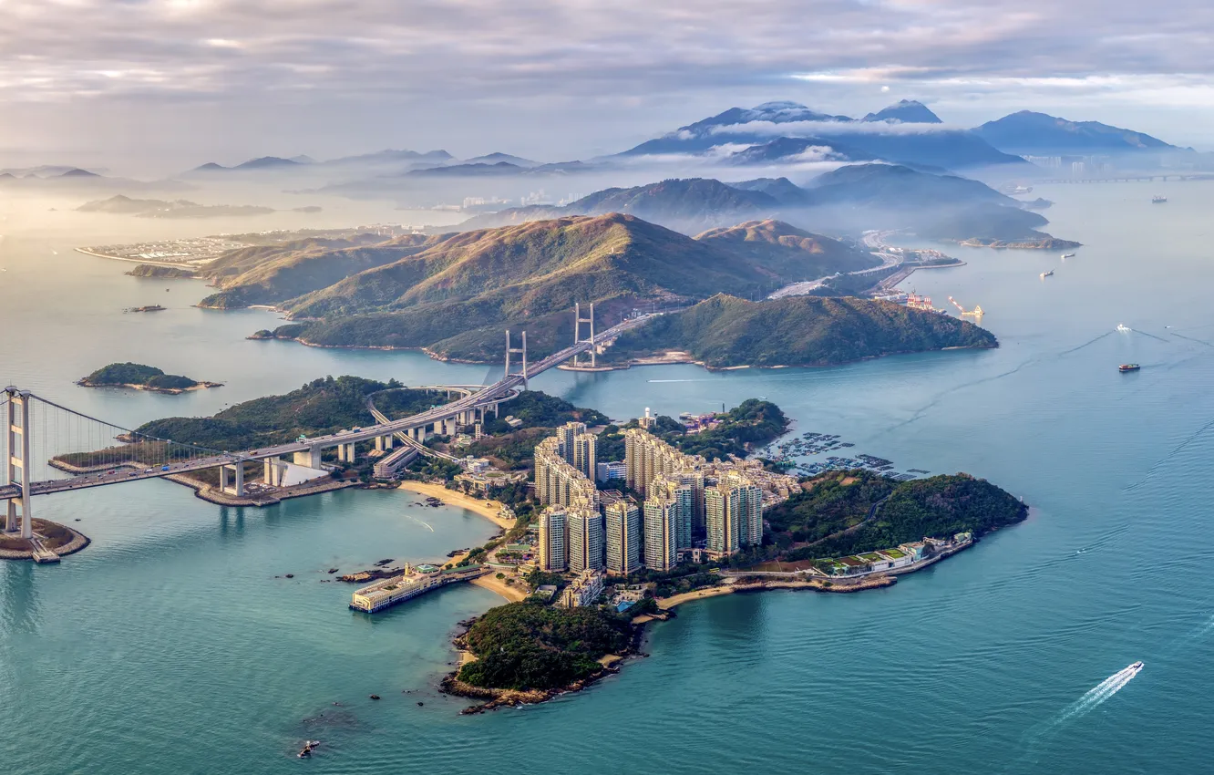 Фото обои China, beach, sea, landscape, bridge, island, highway, Hongkong