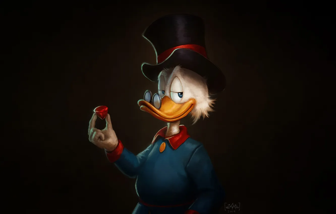Фото обои fan art, artwork, dark background, Marcus Reyno, Scrooge McDuck, smiling, anthropomorphism, diamonds