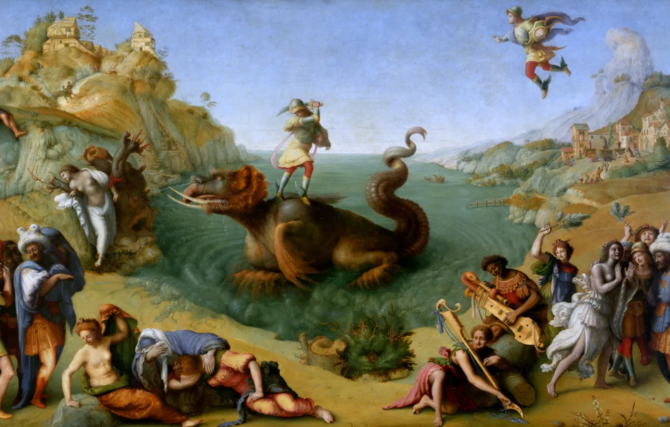 Фото обои картина, мифология, Piero di Cosimo, Персей освобождающий Андромеду, Пьеро ди Козимо