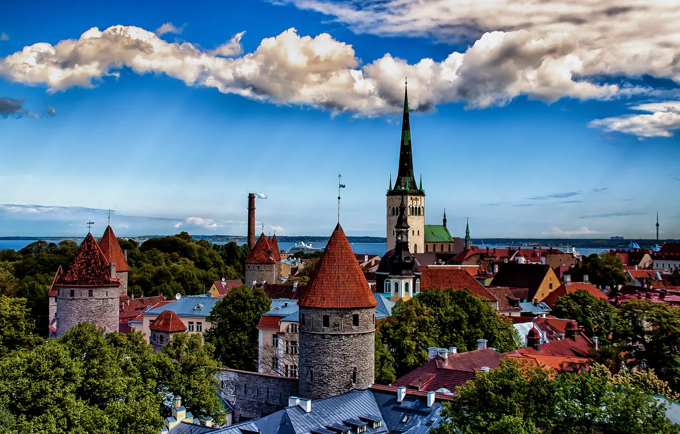 Фото обои море, деревья, пейзаж, башня, дома, Эстония, панорама, Таллинн