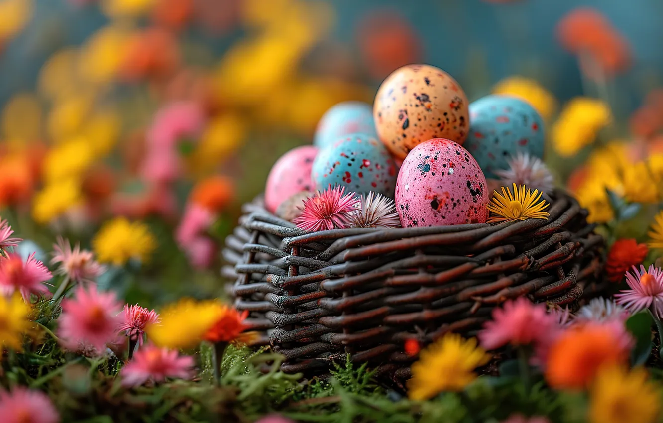 Фото обои цветы, яйца, весна, colorful, Пасха, happy, pink, flowers