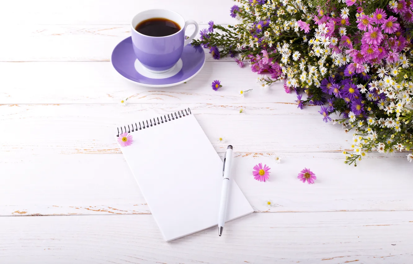 Фото обои лето, цветы, кофе, ручка, блокнот