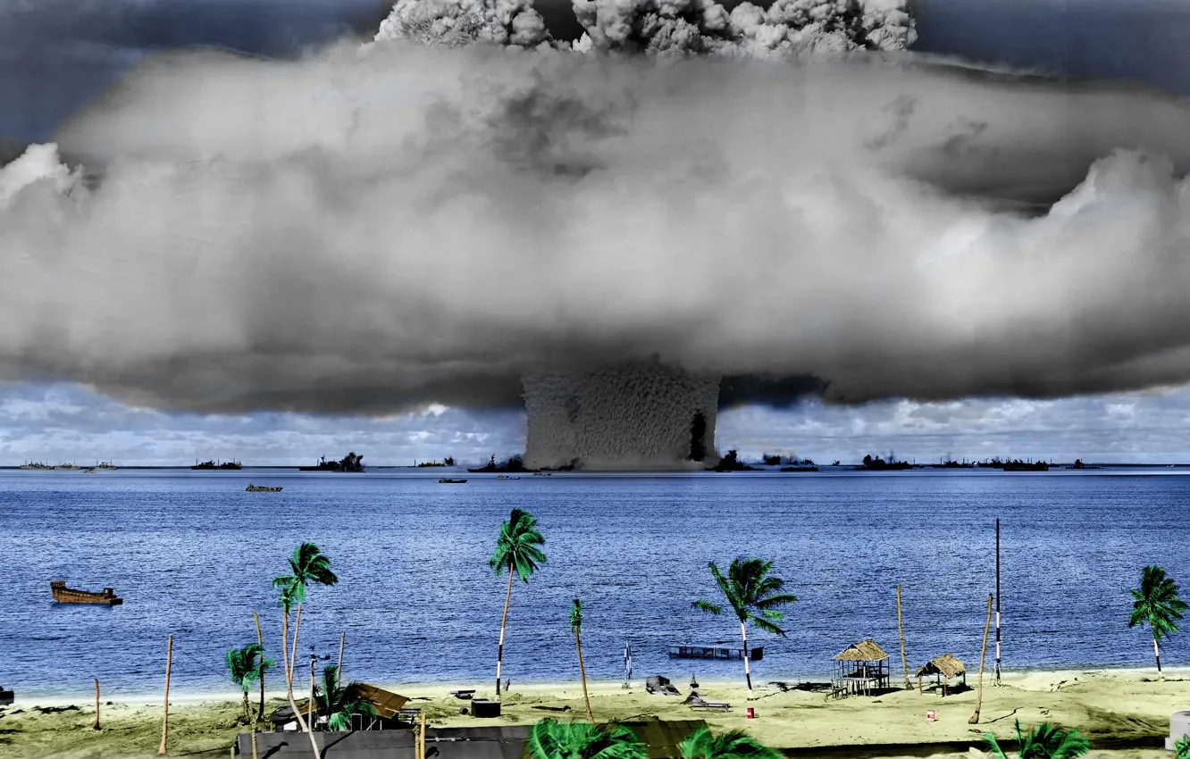 Фото обои пляж, взрыв, берег, гриб, ядерное оружие, волна ударная