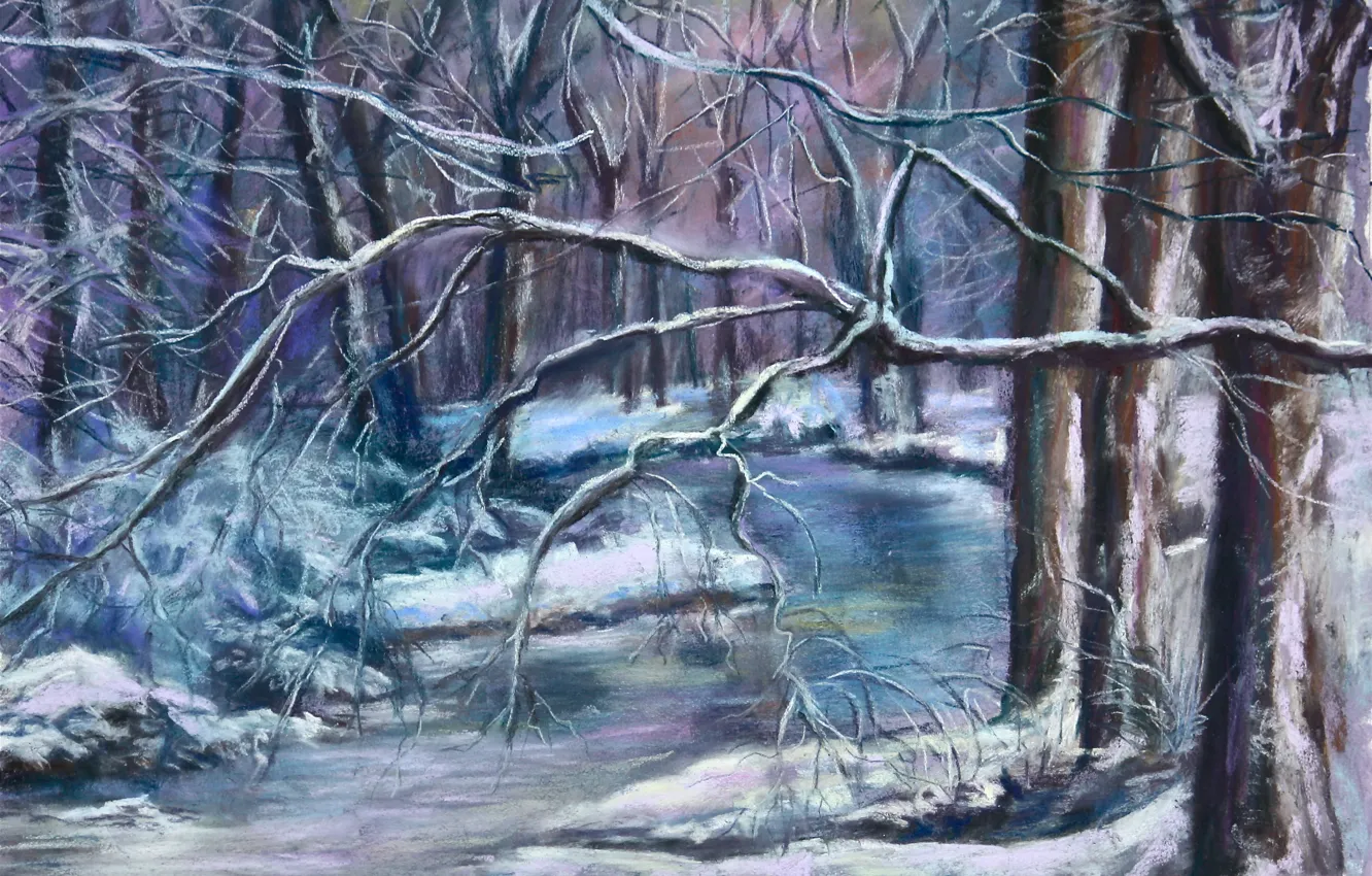Фото обои зима, снег, деревья, пейзаж, ветки, мороз, речка, живопись