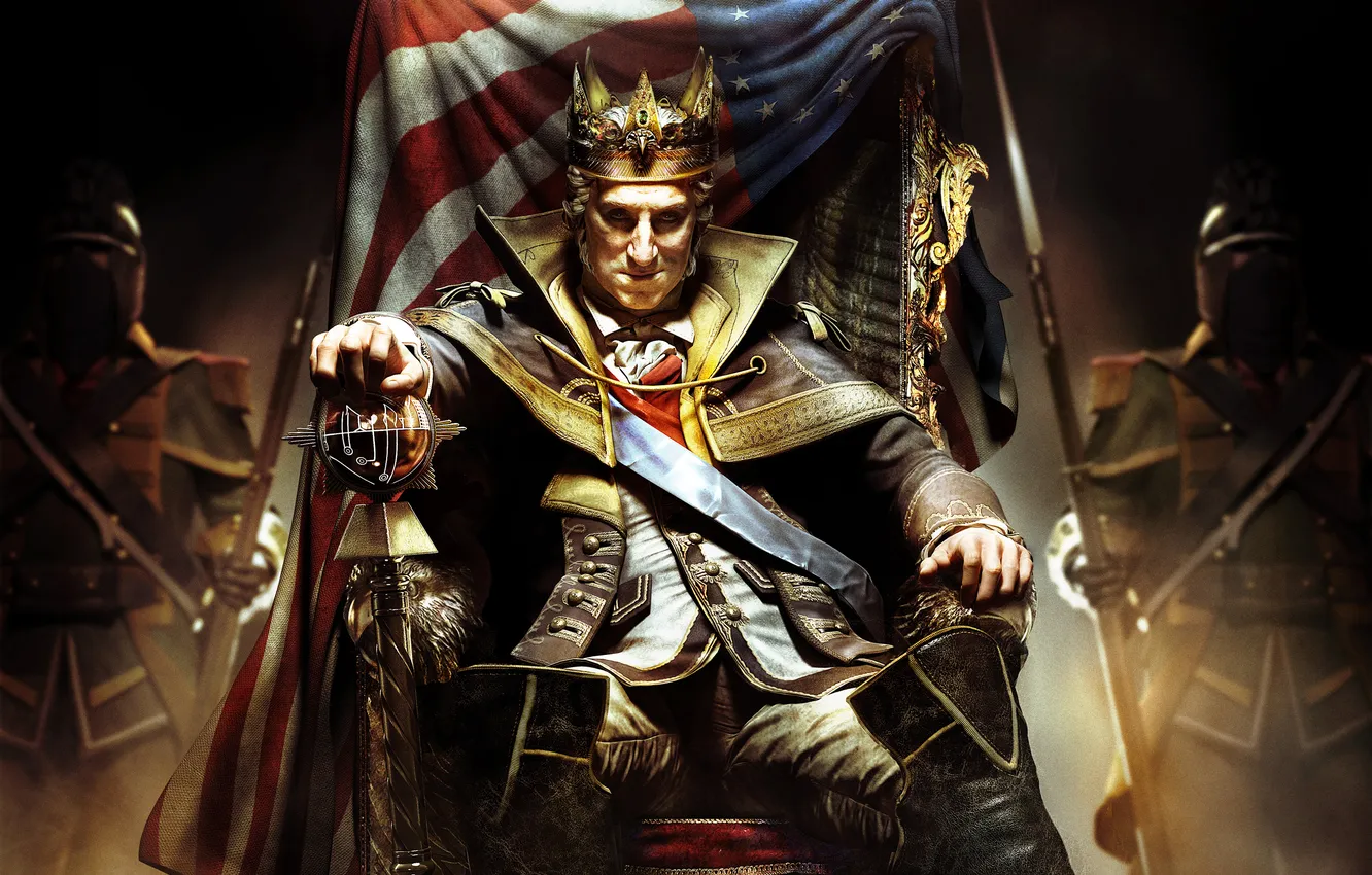Фото обои кресло, флаг, америка, трон, король, George Washington, Assassin’s Creed III, King