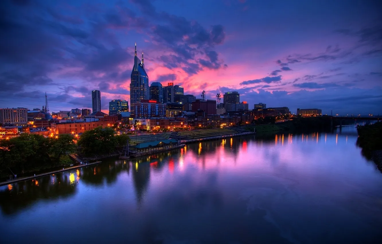 Фото обои огни, USA, США, сумерки, Nashville, Нэшвилл, река Камберленд