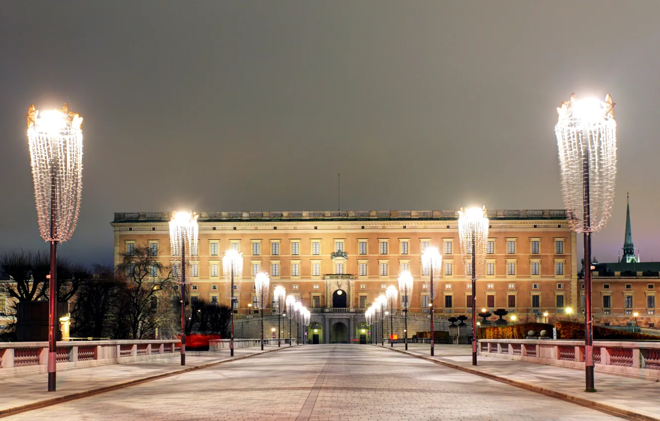 Фото обои ночь, огни, фонари, Швеция, дворец, Stockholm