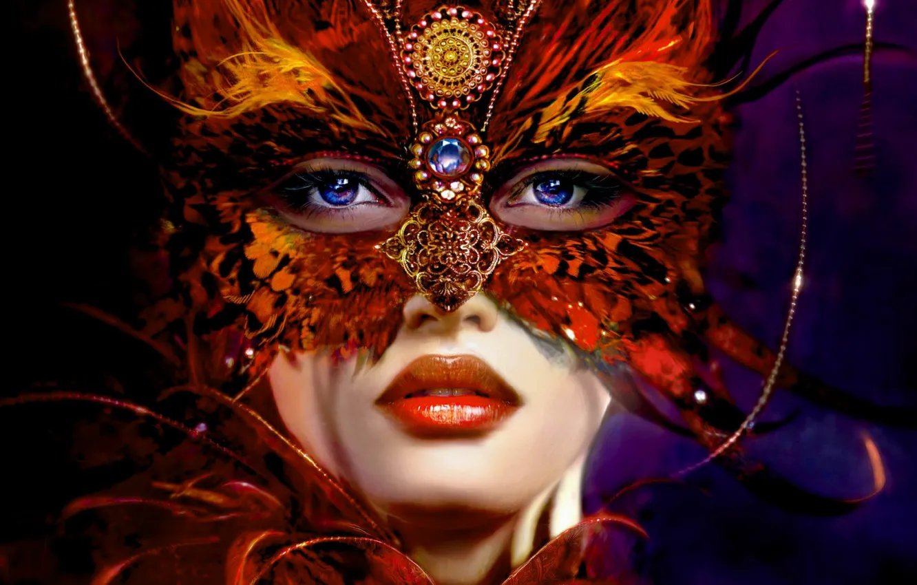 Фото обои украшения, Девушка, маска, перья синие глаза