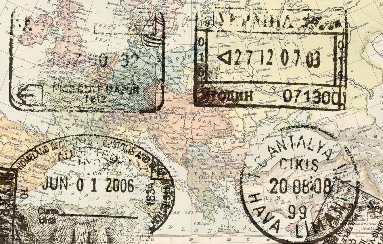 Фото обои map, stamps, europe passport