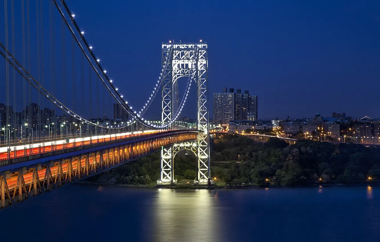 Фото обои мост, Нью-Йорк, ночной город, New York City, Hudson River, мост Джорджа Вашингтона, George Washington Bridge, …