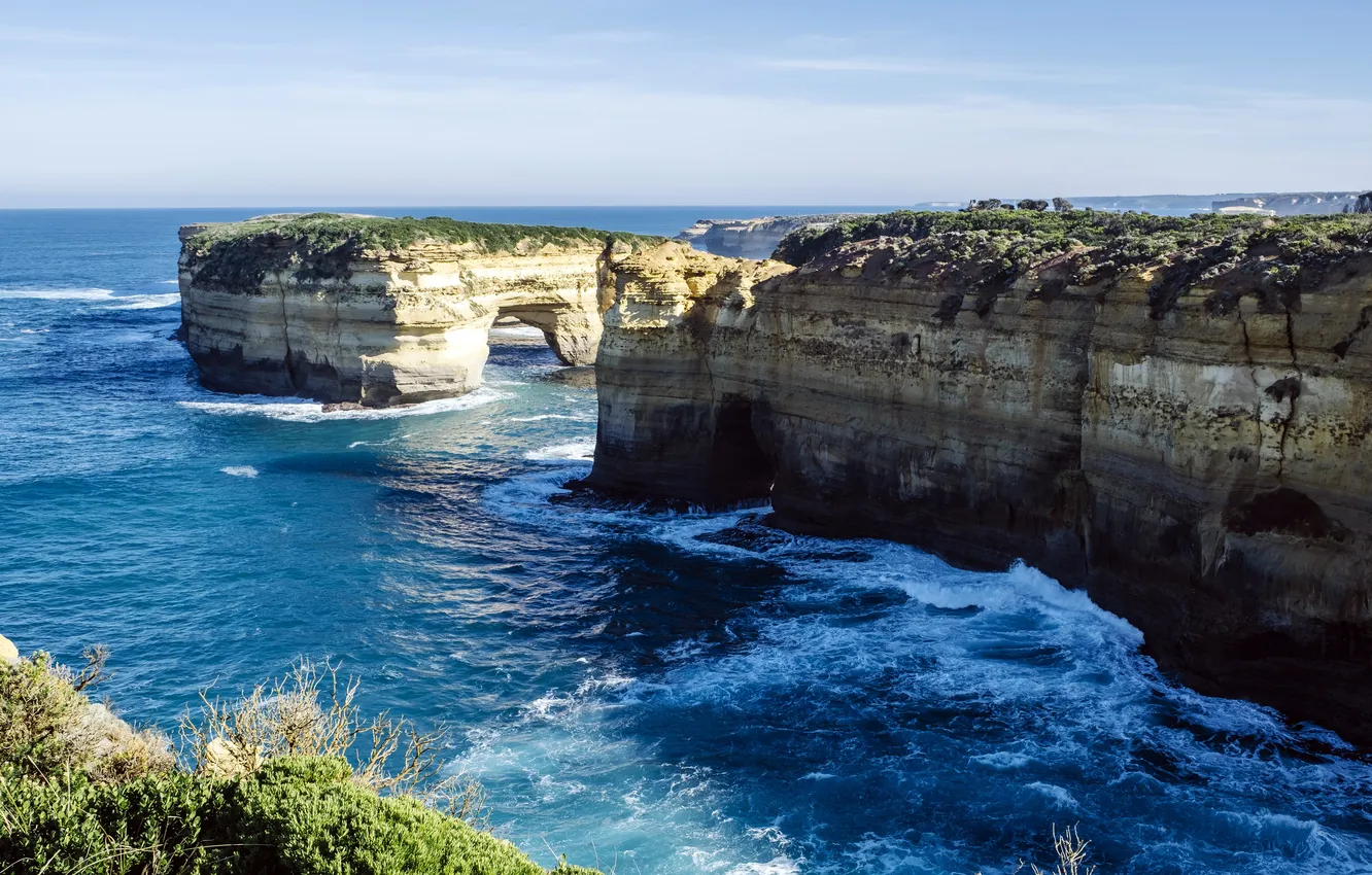Фото обои Скалы, Волны, Горизонт, Австралия, Melbourne, Australia, Мельбурн, Great Ocean Road