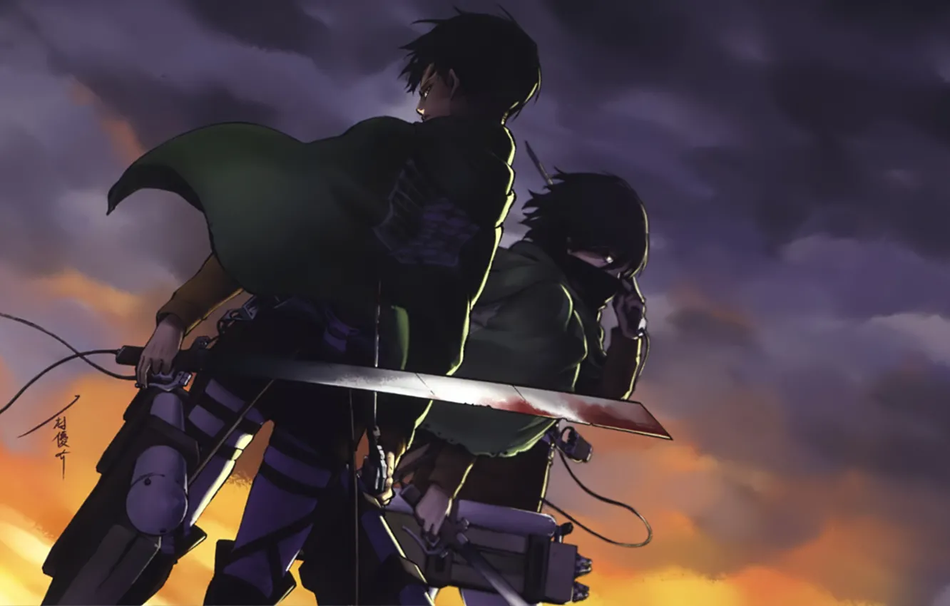 Фото обои кровь, эмблема, плащ, клинки, военная форма, серое небо, Shingeki no Kyojin, Mikasa Ackerman