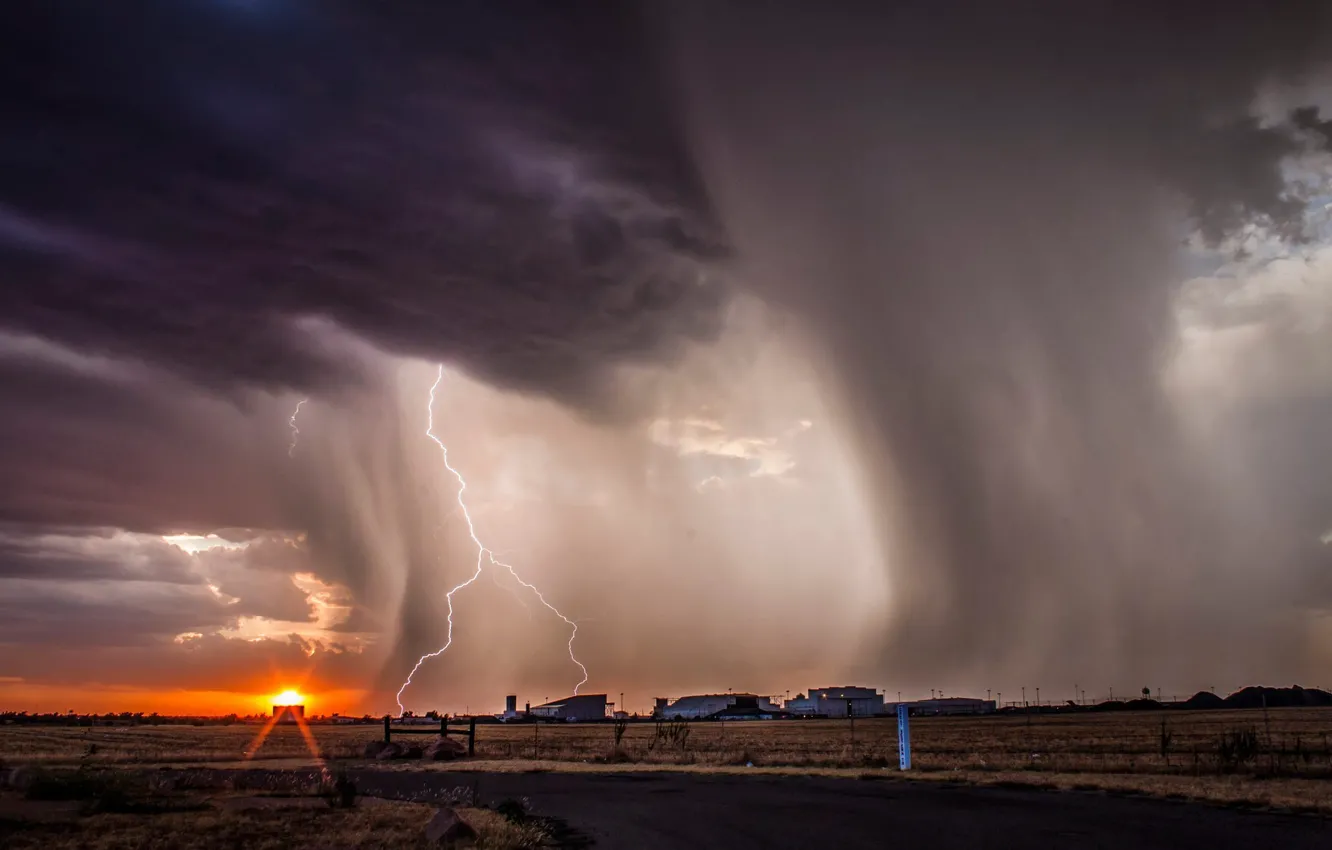 Фото обои road, rain, sky, nature, Storm, lightning, sunset, clouds