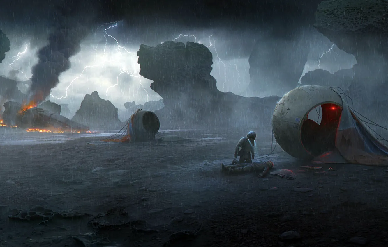 Фото обои Молния, Дождь, посадка, Vladimir Manyukhin, On a dark planet
