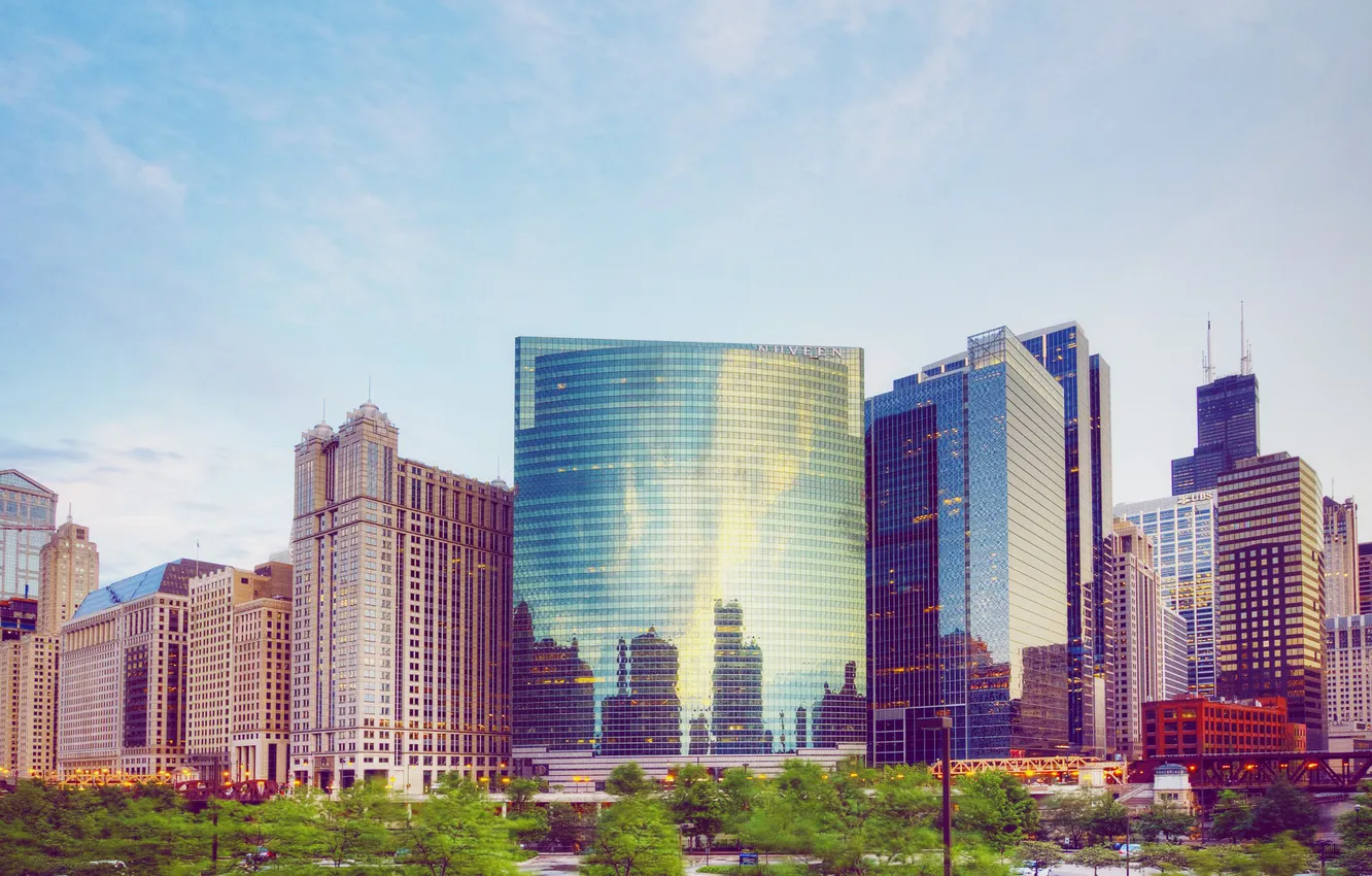 Фото обои город, рассвет, дома, небоскребы, Чикаго, Chicago, Иллиноис