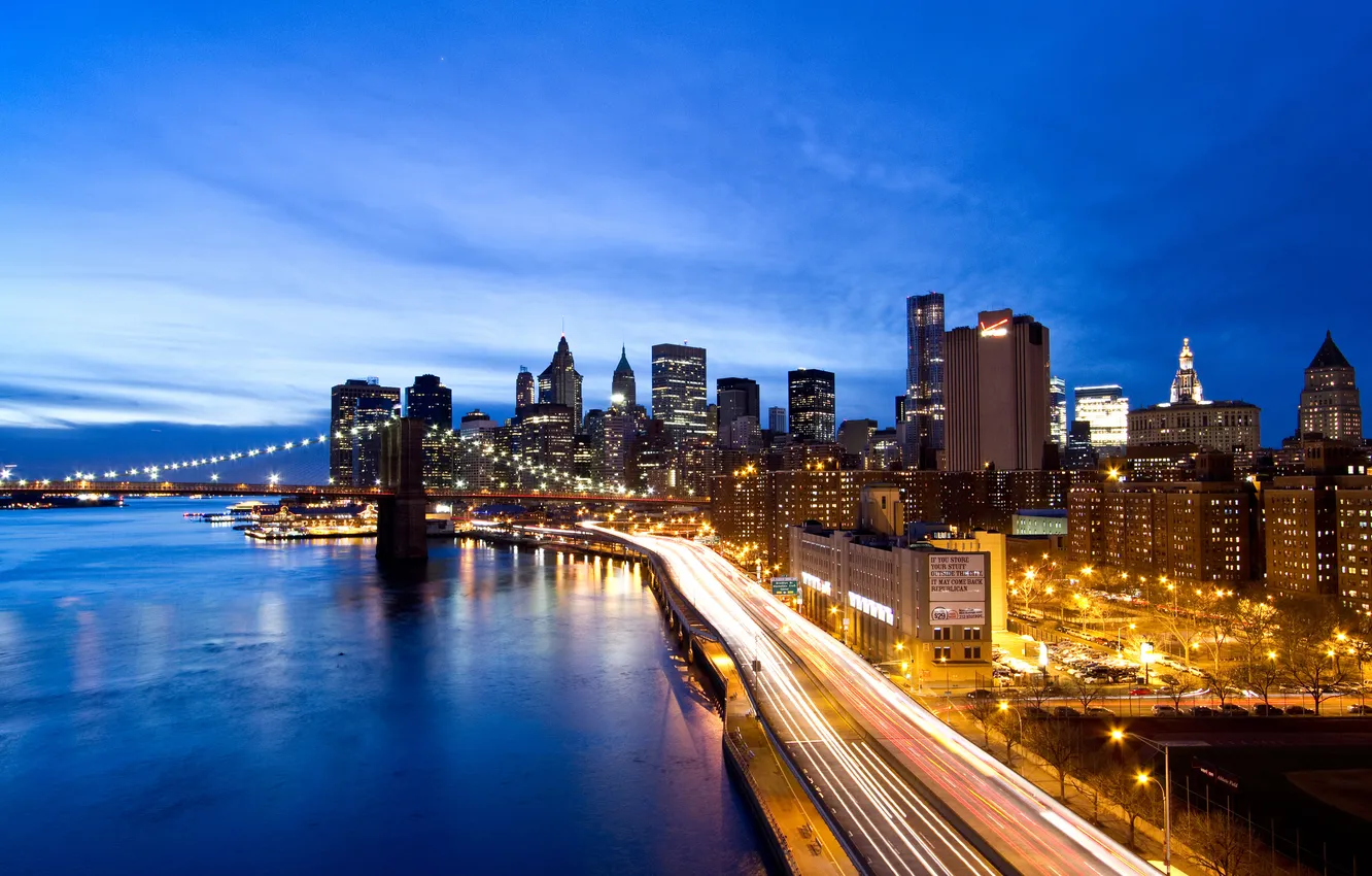 Фото обои мост, город, огни, вечер, нью-йорк