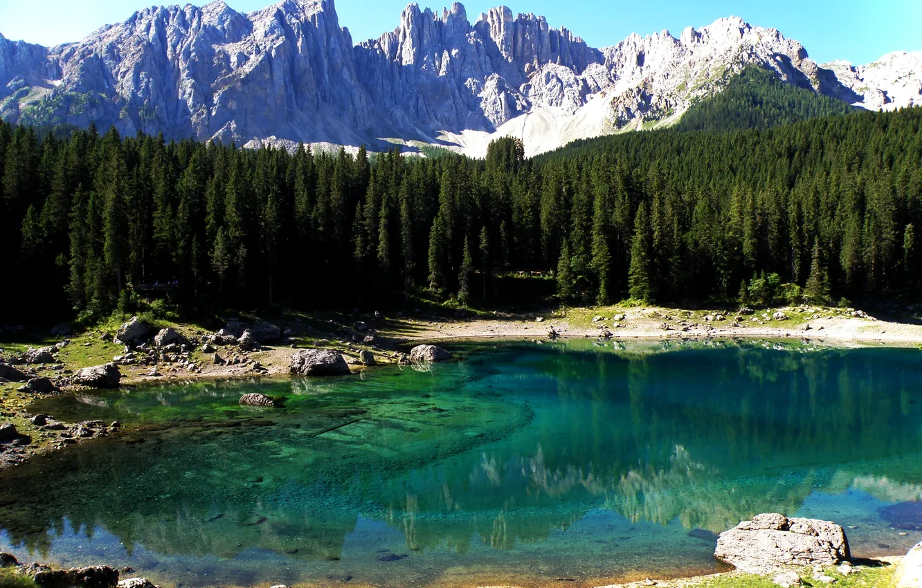 Фото обои горы, Италия, Italy, Озеро Карецца, Carezza Lake