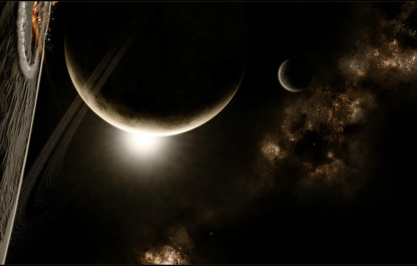 Фото обои звезды, туманность, планеты, кольца, спутники, nebula, кратеры