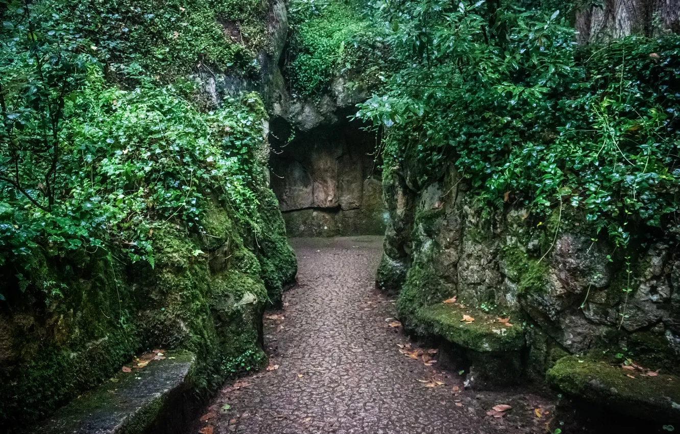 Фото обои зелень, парк, камни, мох, дорожка, проход, Португалия, лавочки