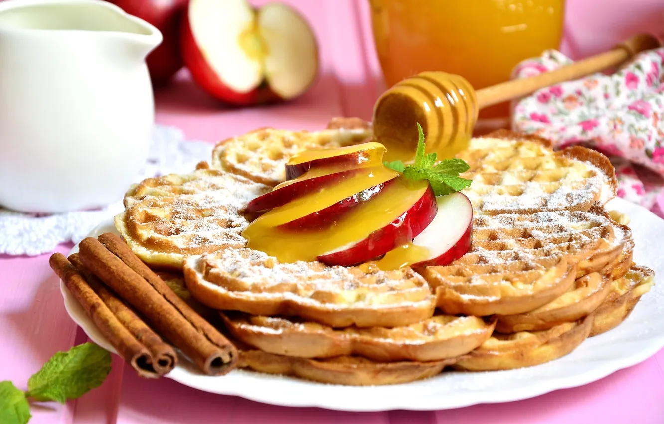 Фото обои яблоки, мед, корица, десерт, вафли