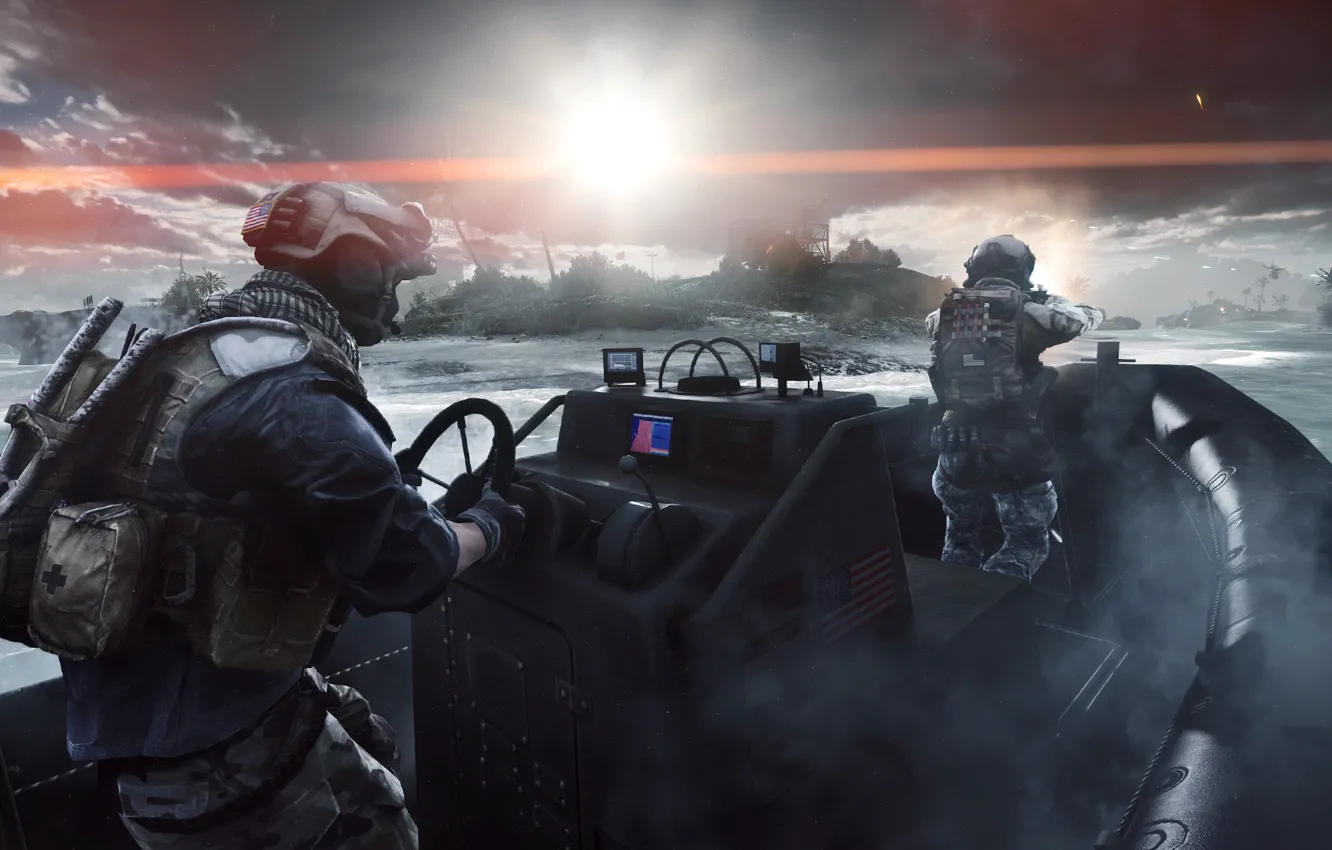Фото обои Солнце, Лодка, Солдаты, США, Battlefield 4, Парасельские Острова, Paracel Storm