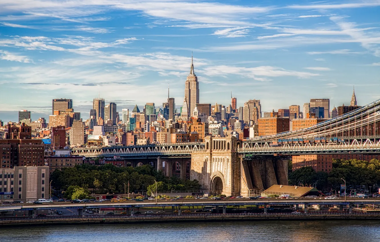 Фото обои Нью-Йорк, Бруклинский мост, Манхэттен, Manhattan, New York City, Brooklyn Bridge