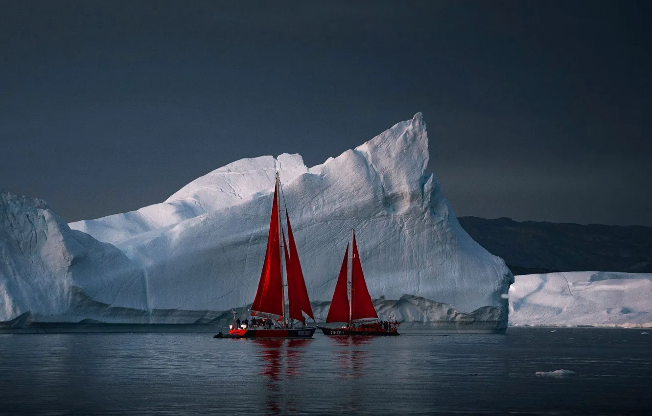 Фото обои море, яхты, льды, айсберги, алые паруса, Гренландия