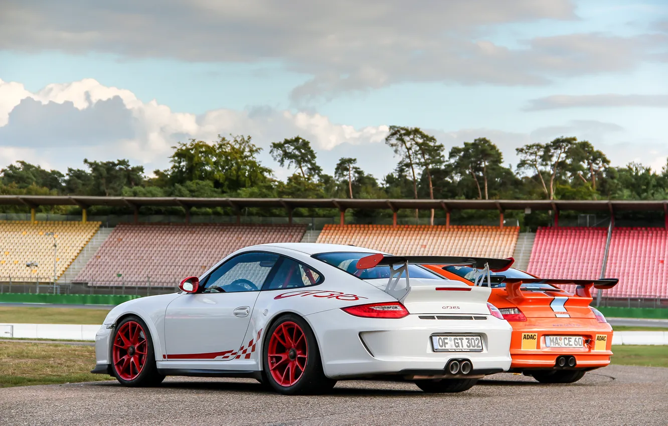 Фото обои белый, деревья, оранжевый, Porsche, white, порше, трек, gt3