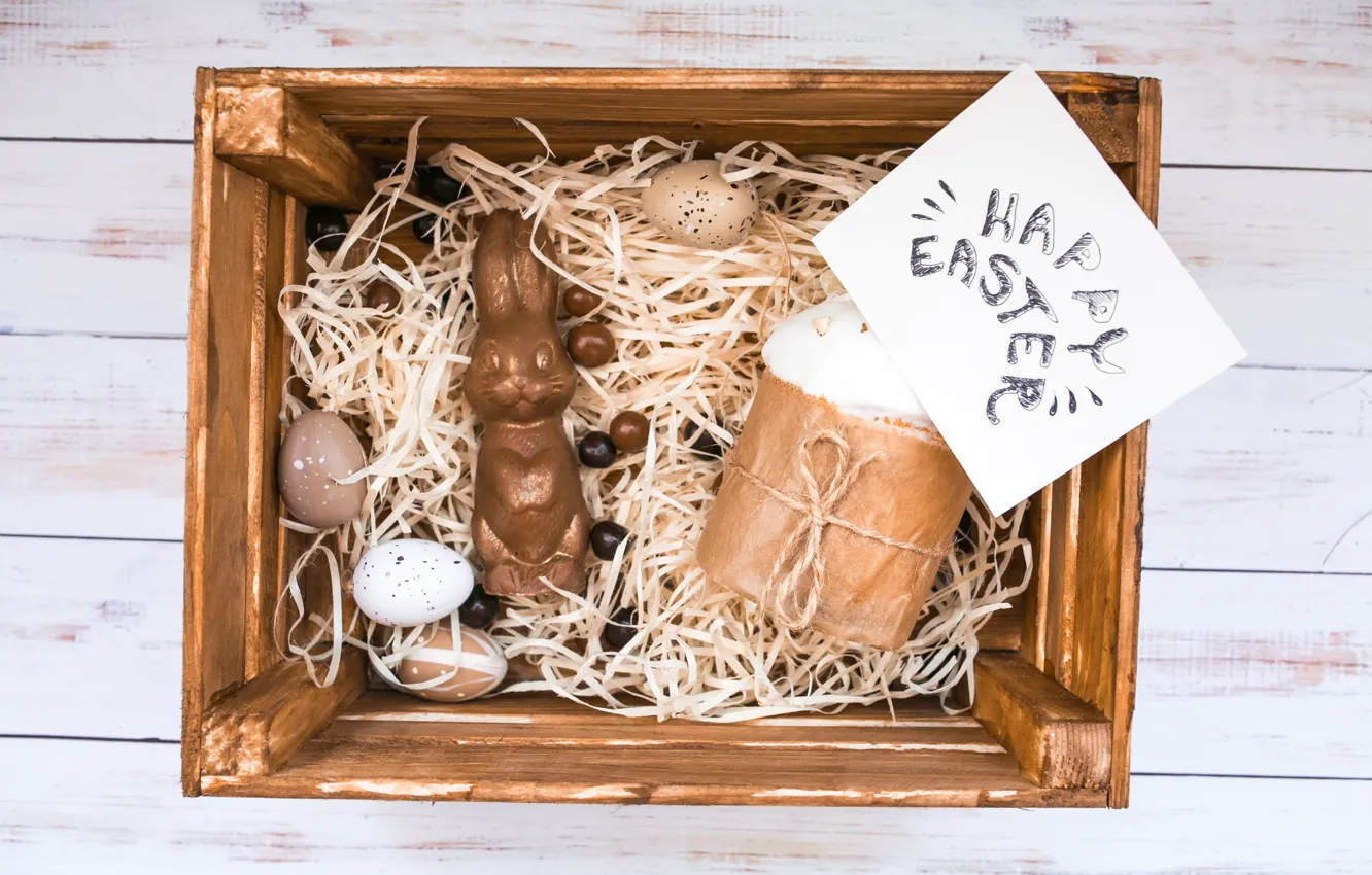Фото обои пасха, Яйца, Праздник, Открытка, кулич, коробочка, шоколадный кролик