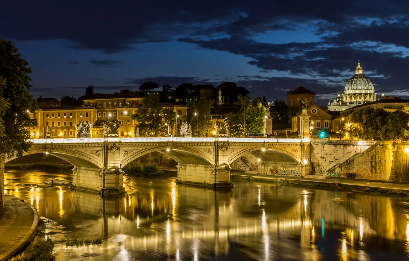 Фото обои ночь, мост, огни, река, Рим, Италия, Тибр