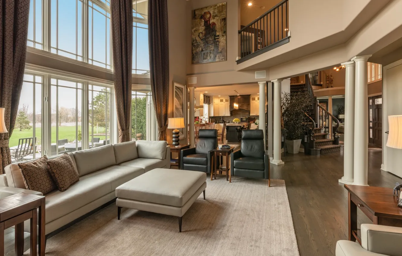Фото обои дизайн, стиль, вилла, интерьер, кухня, гостиная, столовая, villa Long Grove