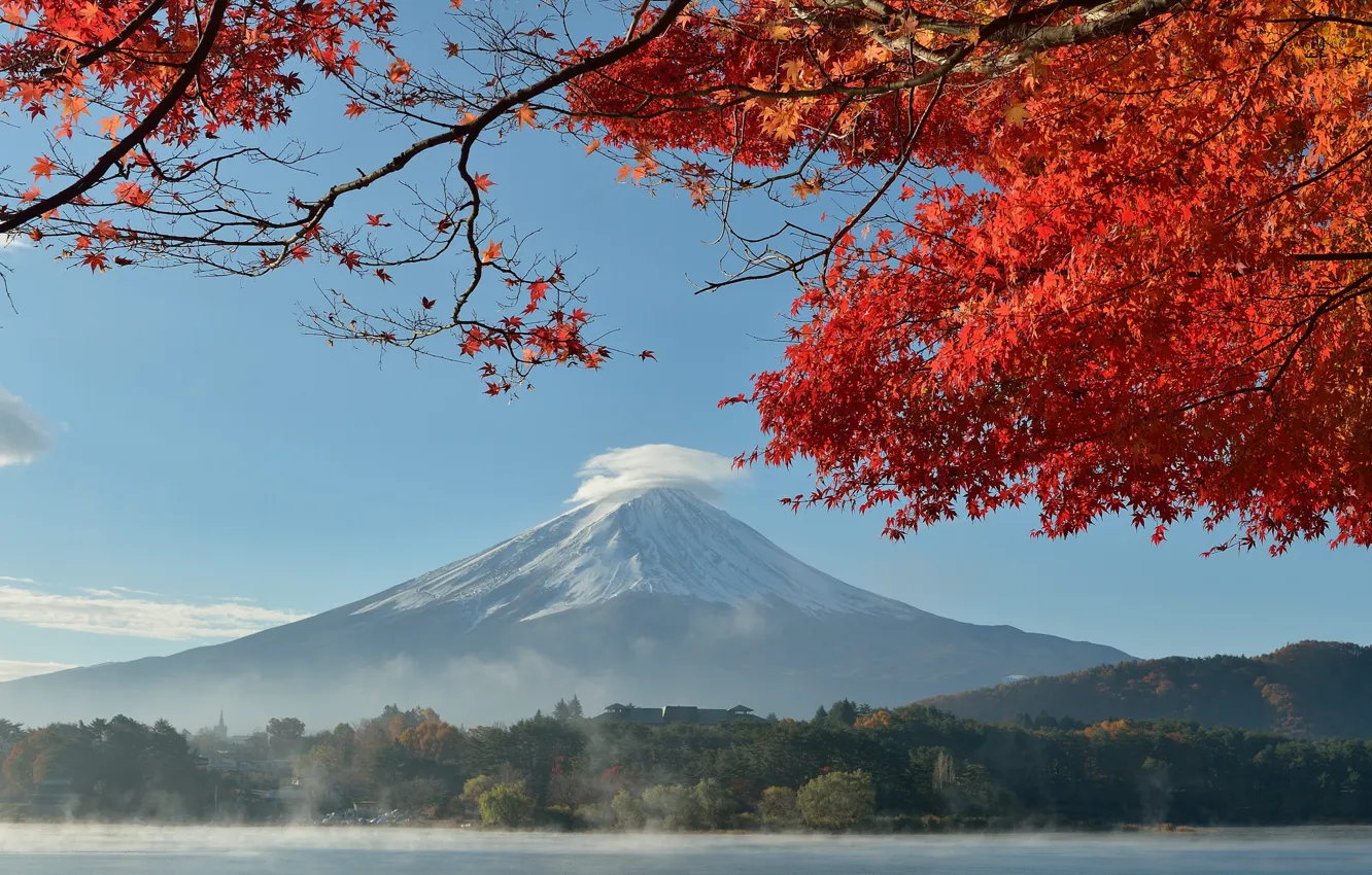 Фото обои осень, небо, листья, деревья, озеро, Япония, гора Фудзияма