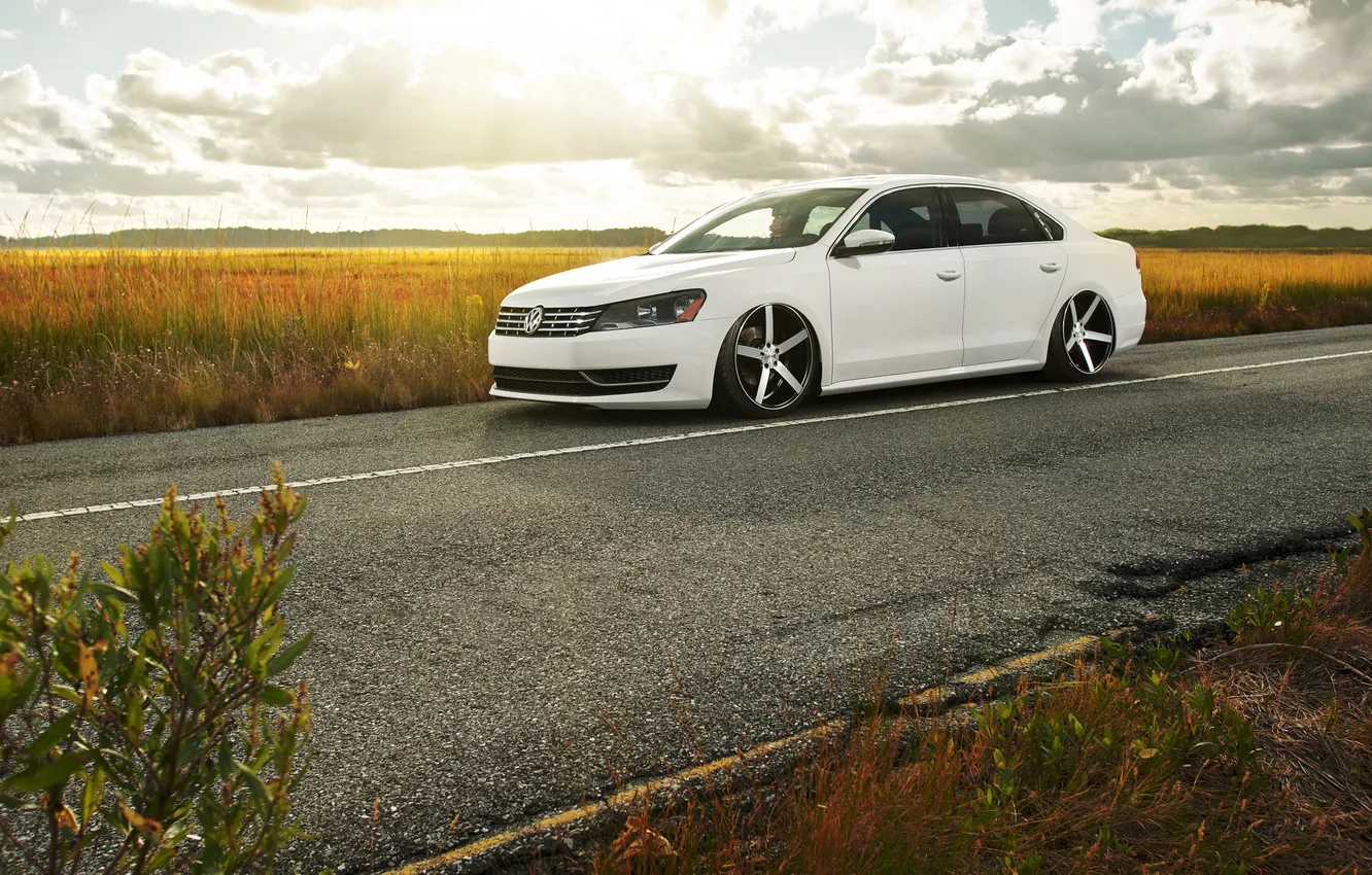 Фото обои поле, Volkswagen, white, блик, front, Passat