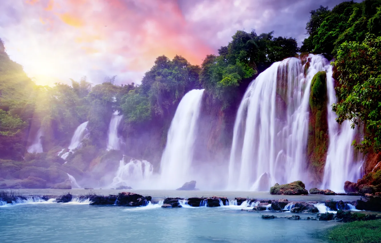 Фото обои небо, солнце, облака, тропики, рай, водопад, красивое, Beautiful waterfall