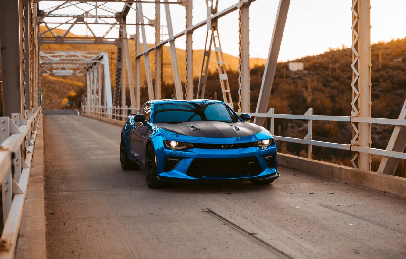 Фото обои car, осень, синий, мост, фары, Chevrolet, глянец, Camaro