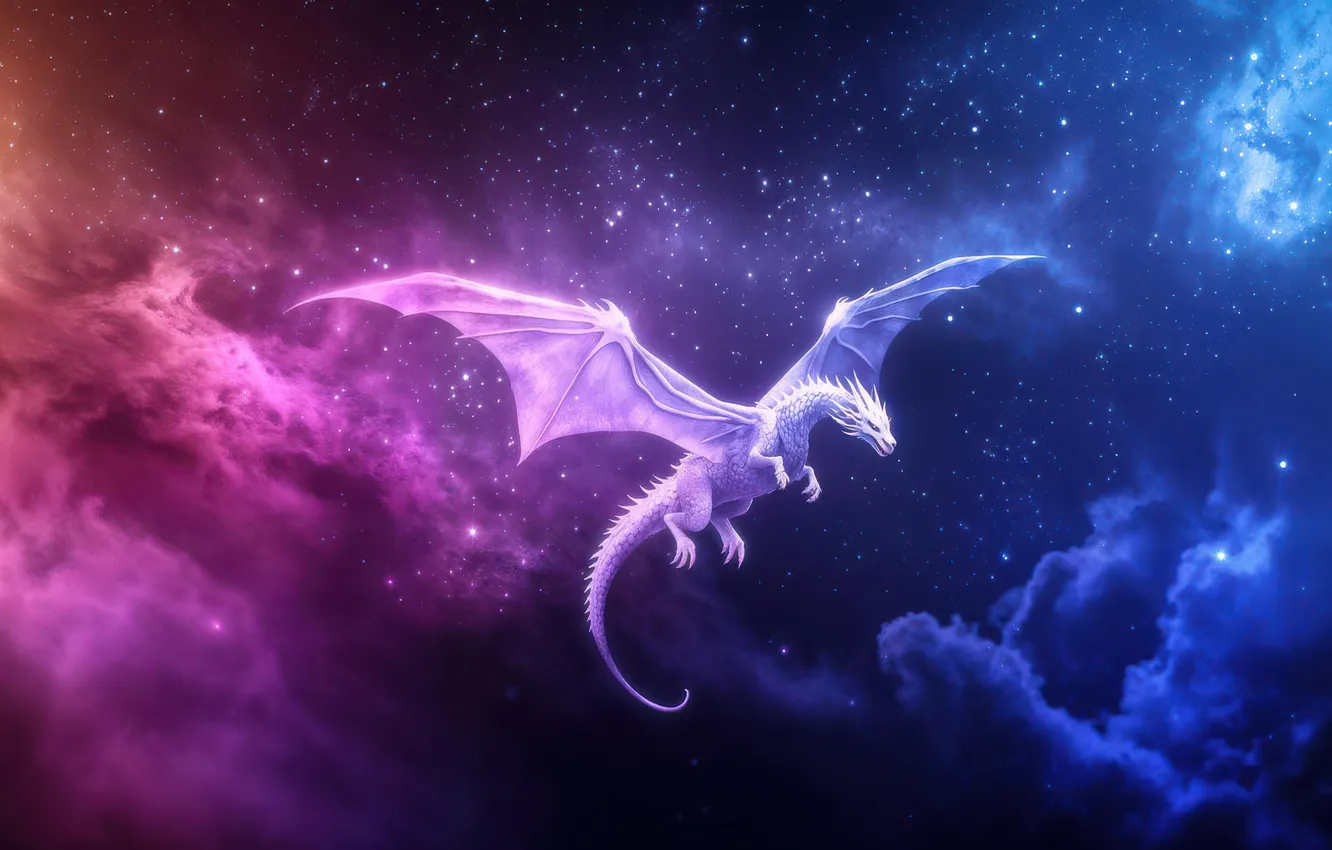Фото обои space, red, white, flying, wings, stars, dragon, digital art