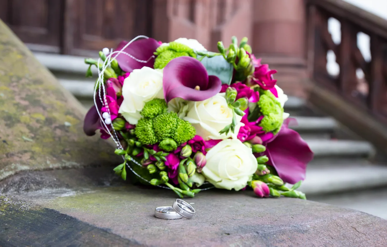 Фото обои цветы, розы, букет, кольца, свадьба, flowers, roses, wedding