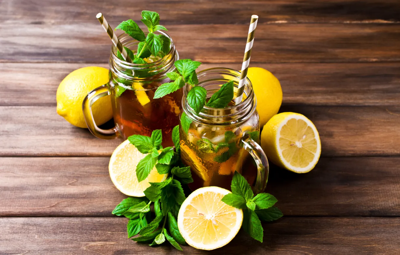 Фото обои лимон, чай, lemon, напиток, кружки, мята, drink, cocktail