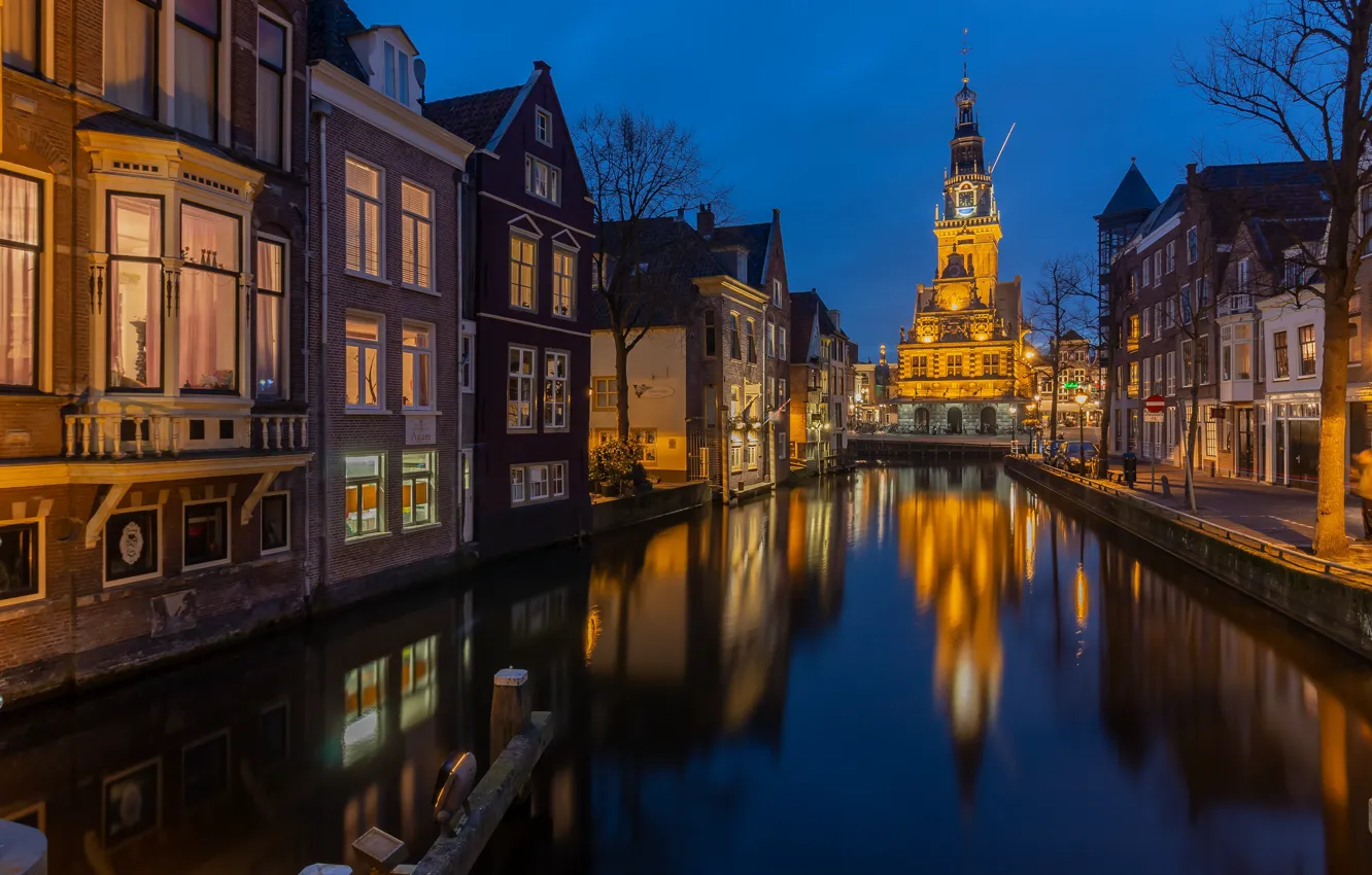 Фото обои огни, вечер, канал, Нидерланды, Голландия, Alkmaar