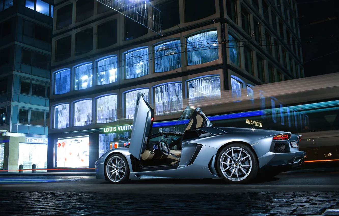 Фото обои Roadster, Lamborghini, City, LP700-4, Aventador, Supercars, Road, Silver