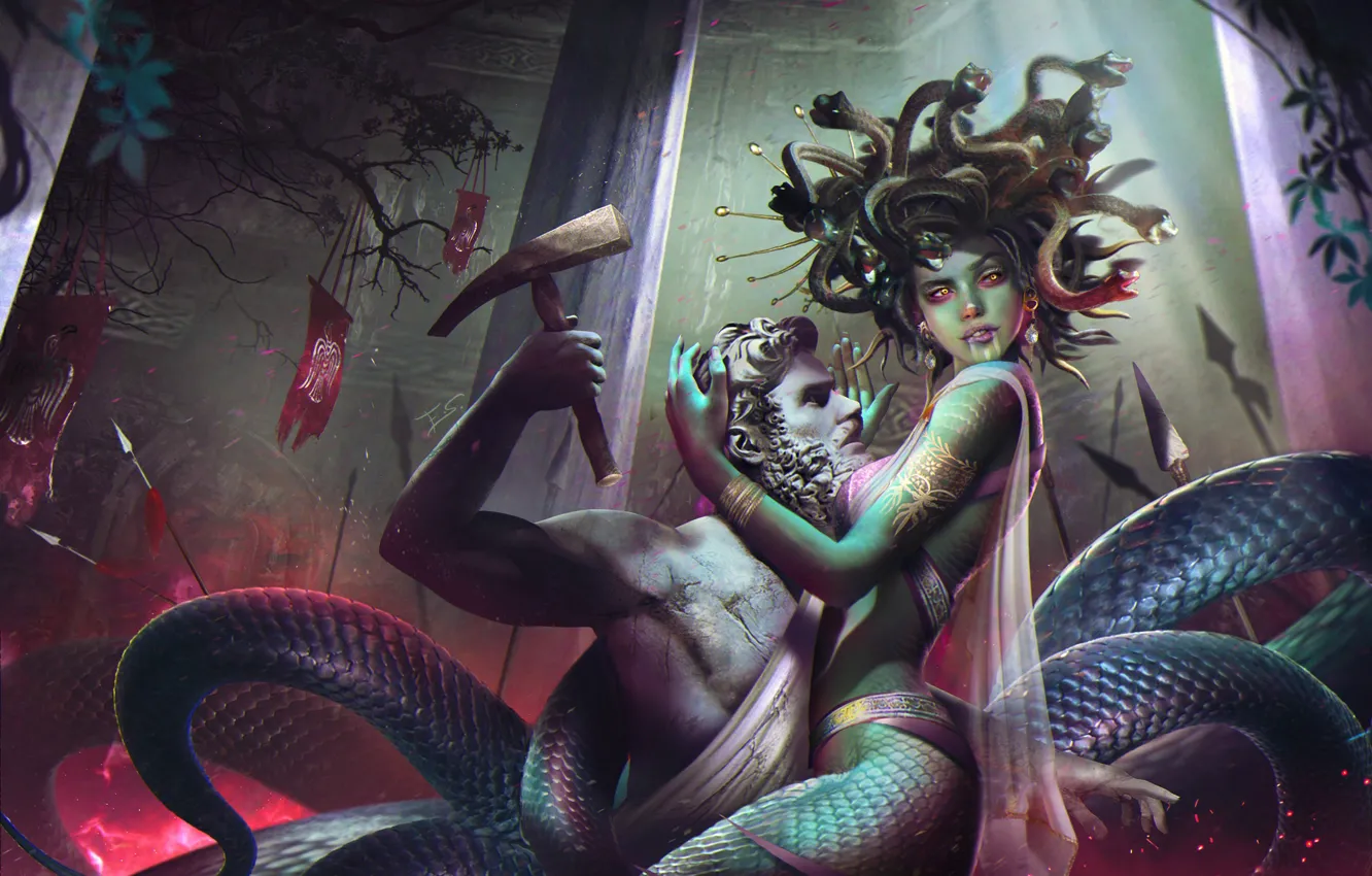 Фото обои змеи, женщина, статуя, чудовище, art, миф, Горгона Медуза, medusa gorgon