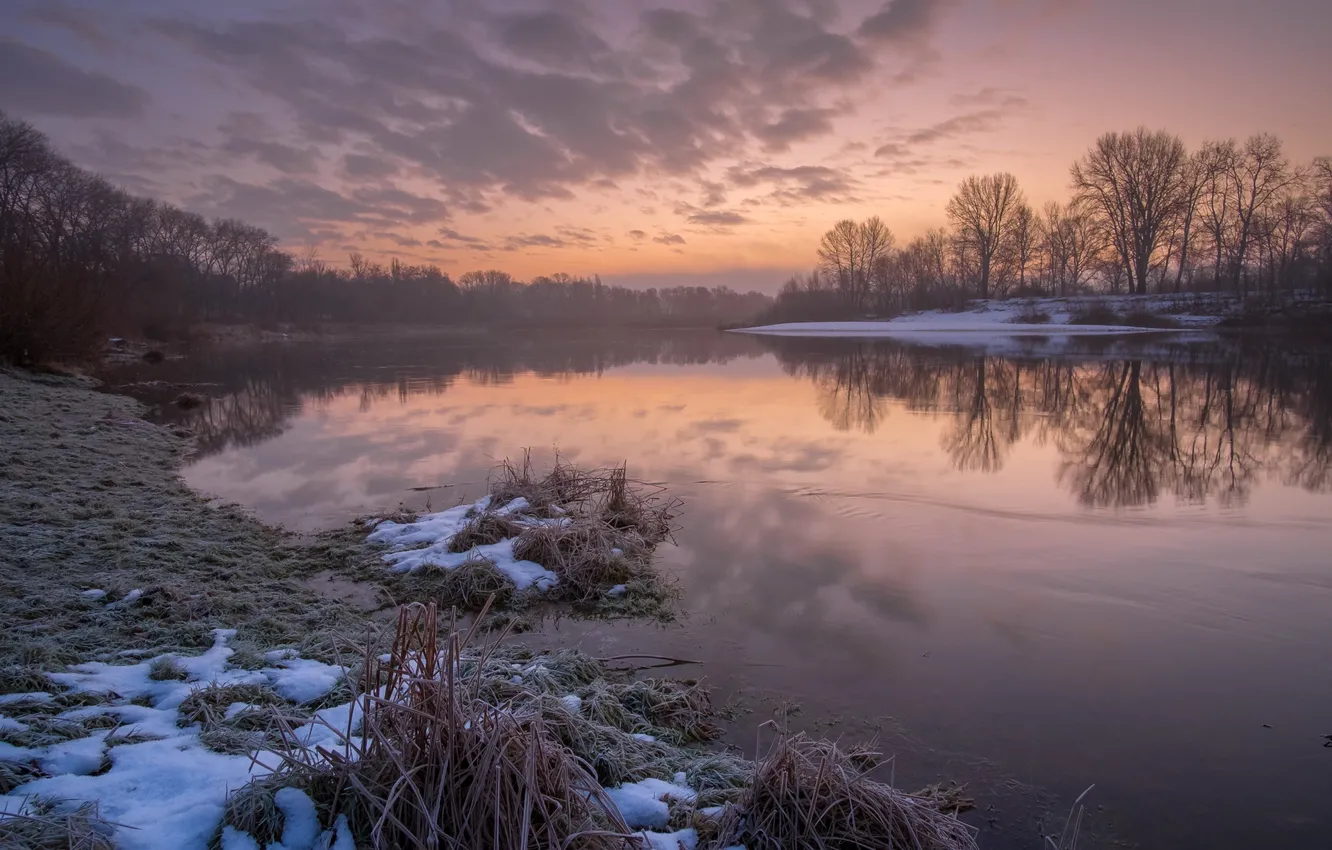 Фото обои иней, вода, река, рассвет, утро, мороз, десна