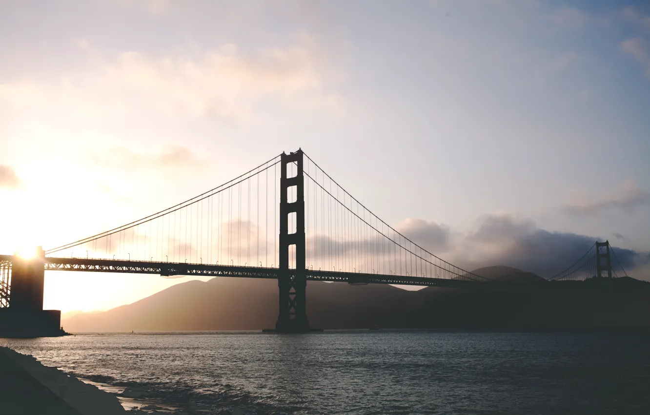 Фото обои вода, закат, мост, океан, Сан-Франциско, Золотые ворота, подвесной мост