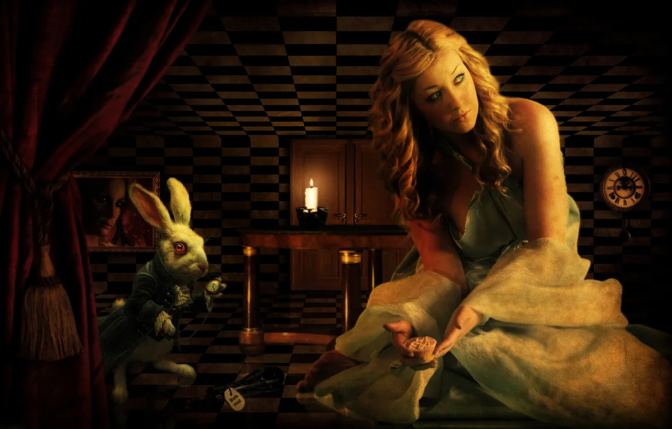 Фото обои часы, кролик, Алиса в стране чудес
