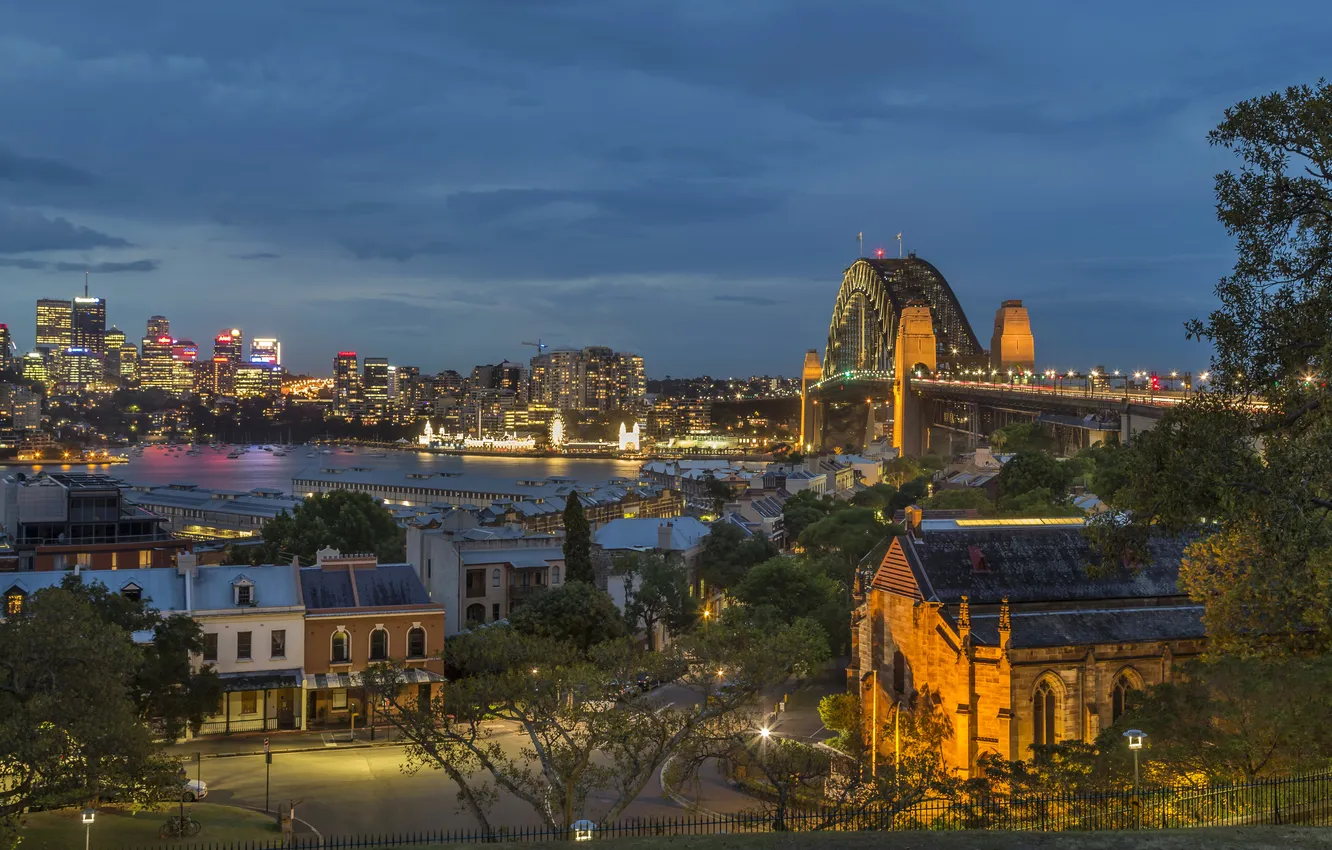 Фото обои ночь, мост, огни, река, Австралия, Сидней, набережная