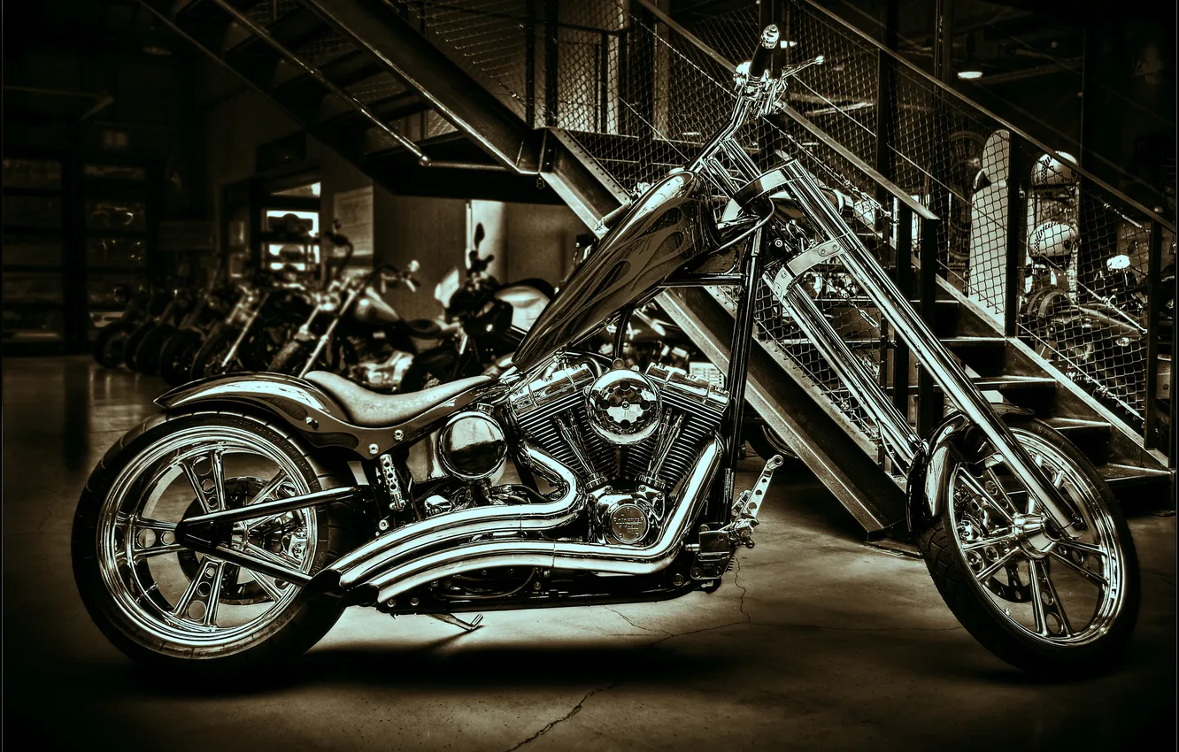 Фото обои сепия, мотоцикл, хром, bike, кастом, custom, harley